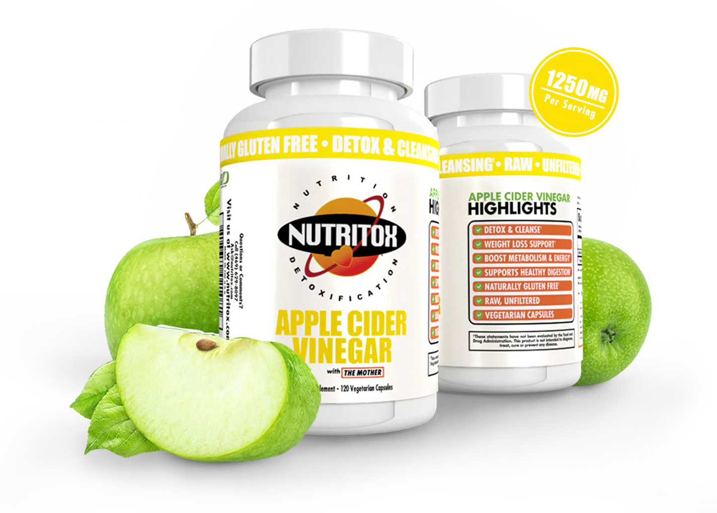 Apple Cider Vinegar With "The Mother": 1,250mg - 120 Veg. Capsules - Spacecitysupplements