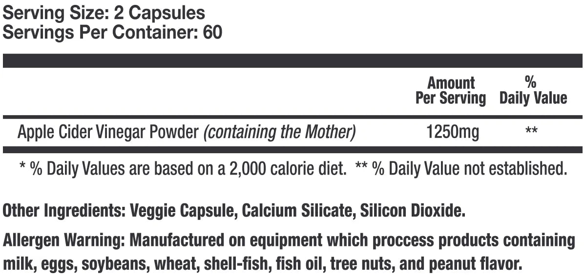 Apple Cider Vinegar With "The Mother": 1,250mg - 120 Veg. Capsules - Spacecitysupplements